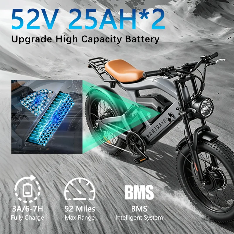 52V 25AH*2 Removable Battery 3000W Adult Electric Bike 35MPH 20Inch Electirc Bicycle 92 Miles Max Range Electric Mountain Bike