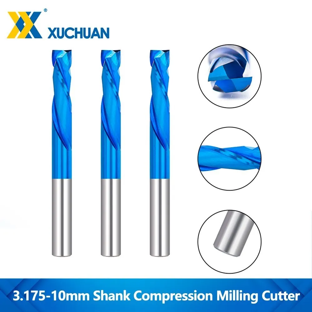 End Mill 3.175/4/5/6/6.35/8/10mm Shank Compression Milling Cutter 2 Flute CNC Router Bits Carbide Nano Blue Coated Milling Tools