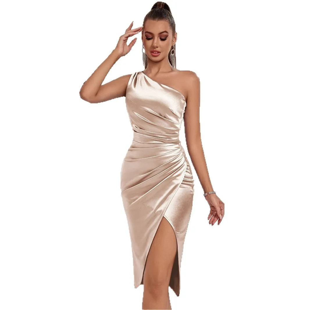 Vestido de Noche de Color Puro, Un Solo Hombro, Asimétrico, Pado, Vestido de Fiesta para Dama de , Tela de Seda, Cint...