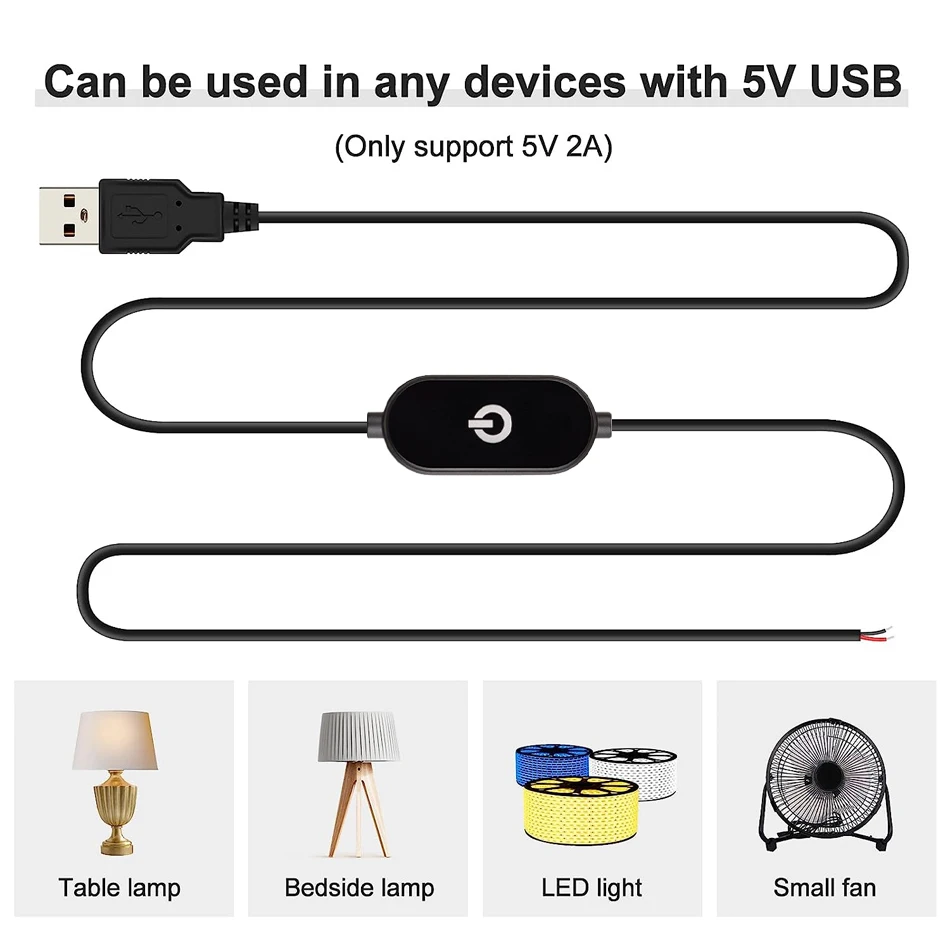 USB Touch Dimming Switch Cable, Controlador Dimmer para Single Channel LED Strip Lights, 1.5m, saída de 2 fios, 1.5m, 2A, 5-100%