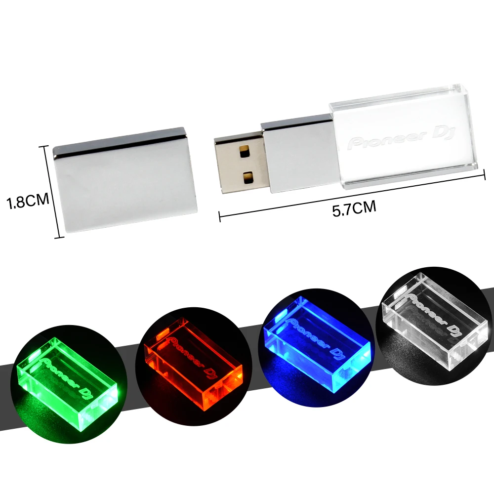 محرك أقراص فلاش USB LED ملون 128GB شعار مخصص عالية السرعة الكتابة ذاكرة القراءة عصا ضوء بايونير DJ قسط بندريف 64GB