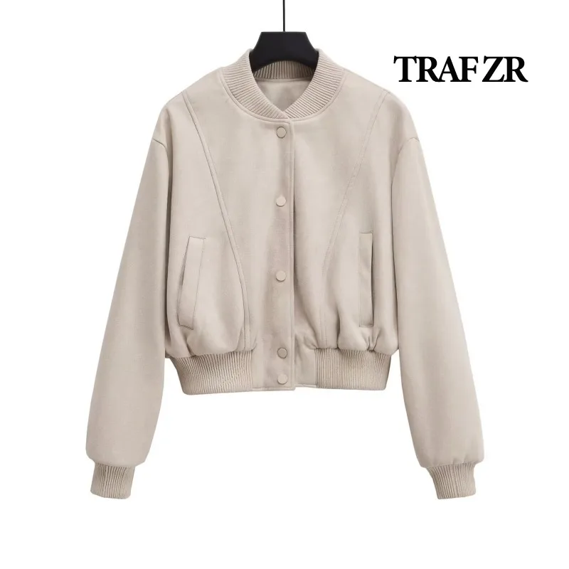 TRAF ZR Y2k Jackets Beige Jacket American Vintage Baseball Uniform Woman 2024 Aviator Jackets Elegant Luxury Women\'s Jacket