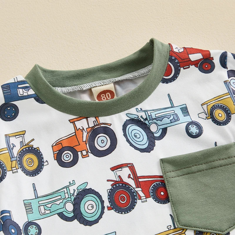 Toddler Baby Boy Farm Outfit Tractors Print Short Sleeve T-Shirt Tops and Drawstring Shorts Set 2Pcs Summer Clothes