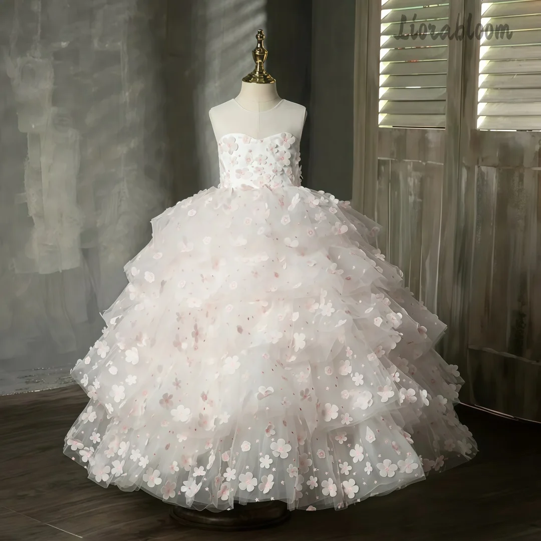 

White Princess Evening Gown Flower Embellished Flower Girl Dress Exquisite Everyday Wear Princess Style Flower Girl Attire