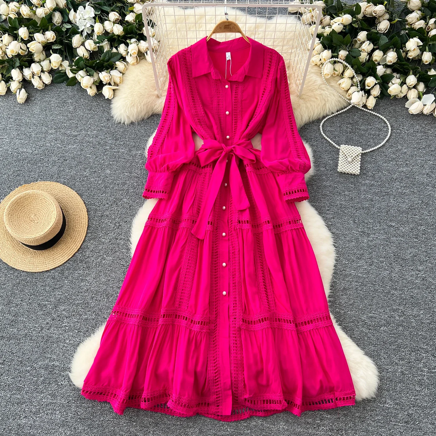 Elegant Chic Lace Hollow Long Sleeve Single Breasted Lapel Dress Party A-line Vestidos High Waist Women Autumn Winter Dress