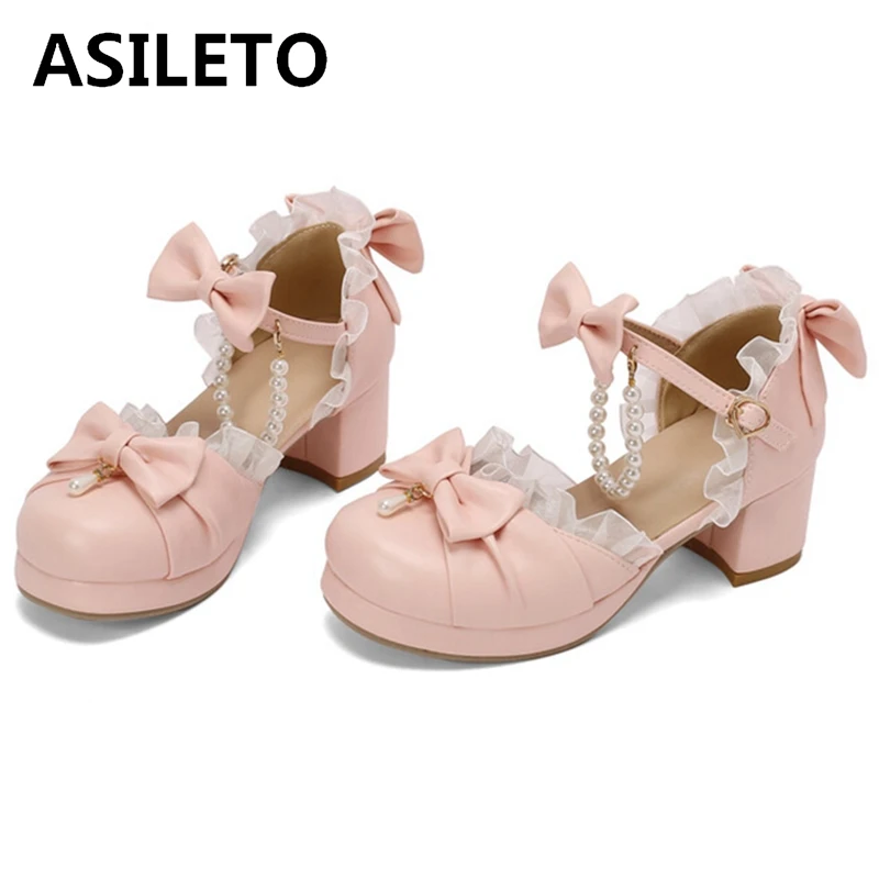 ASILETO 2024 New Lolita Pumps Round Toe Block Heels 5.5cm Buckle Bow Lace Big Size 33 34 43 44 45 46 47 48 Sweet White Pink