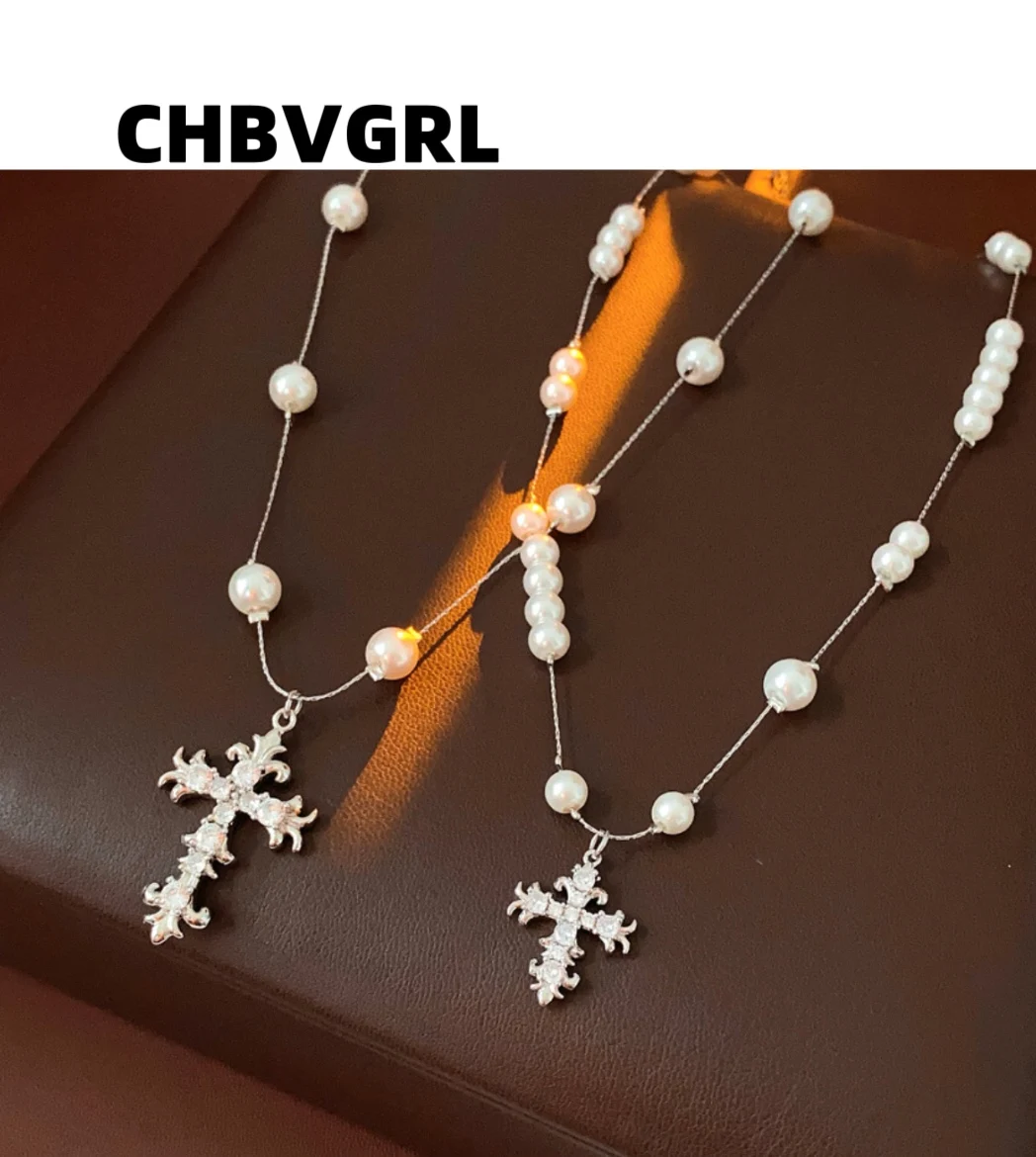 

Zircon Cross Pendant Pearl Necklace French Retro Fashion Versatile Collar Chain Luxury High-end Feeling Jewelry for Women