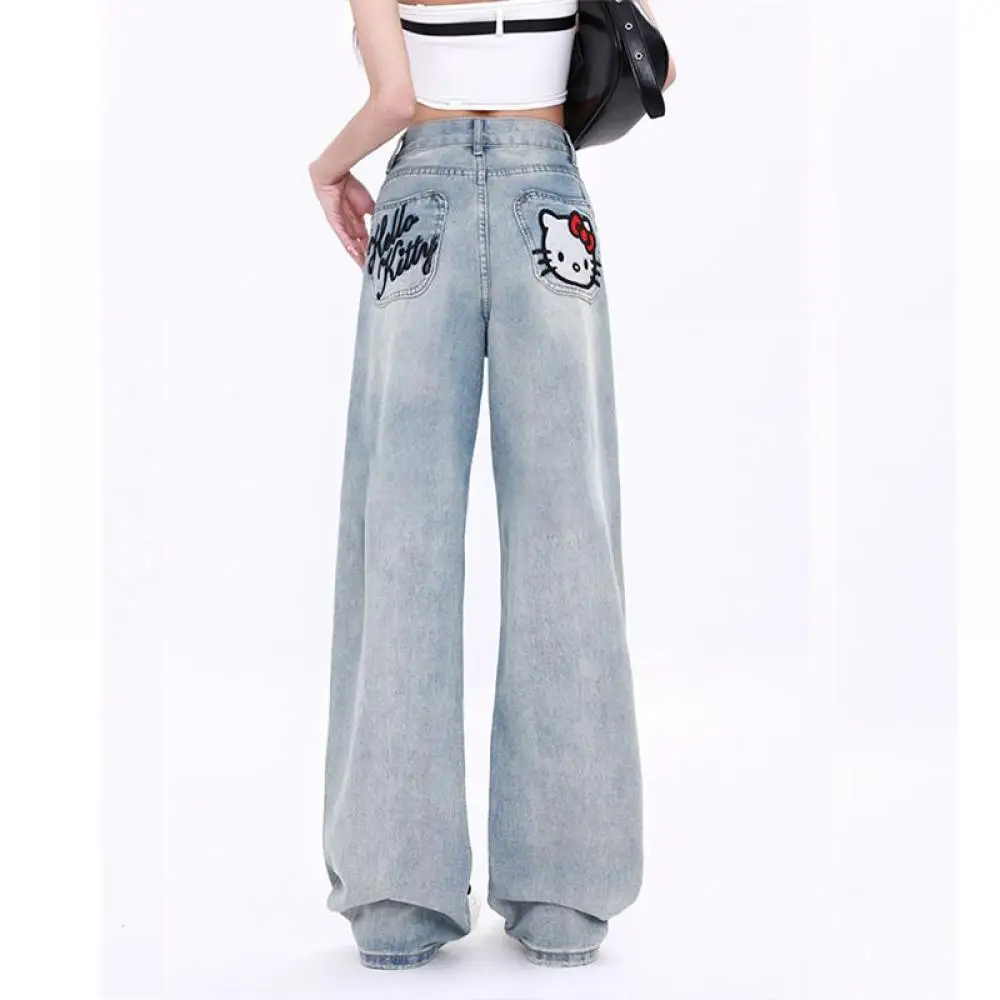 Y2K Anime Jeans Hello Kitty Sanrioed Kawaii Frühling Hohe Taille Hose Frauen Japanischen Stil Stickerei Look Dünn Student Lose