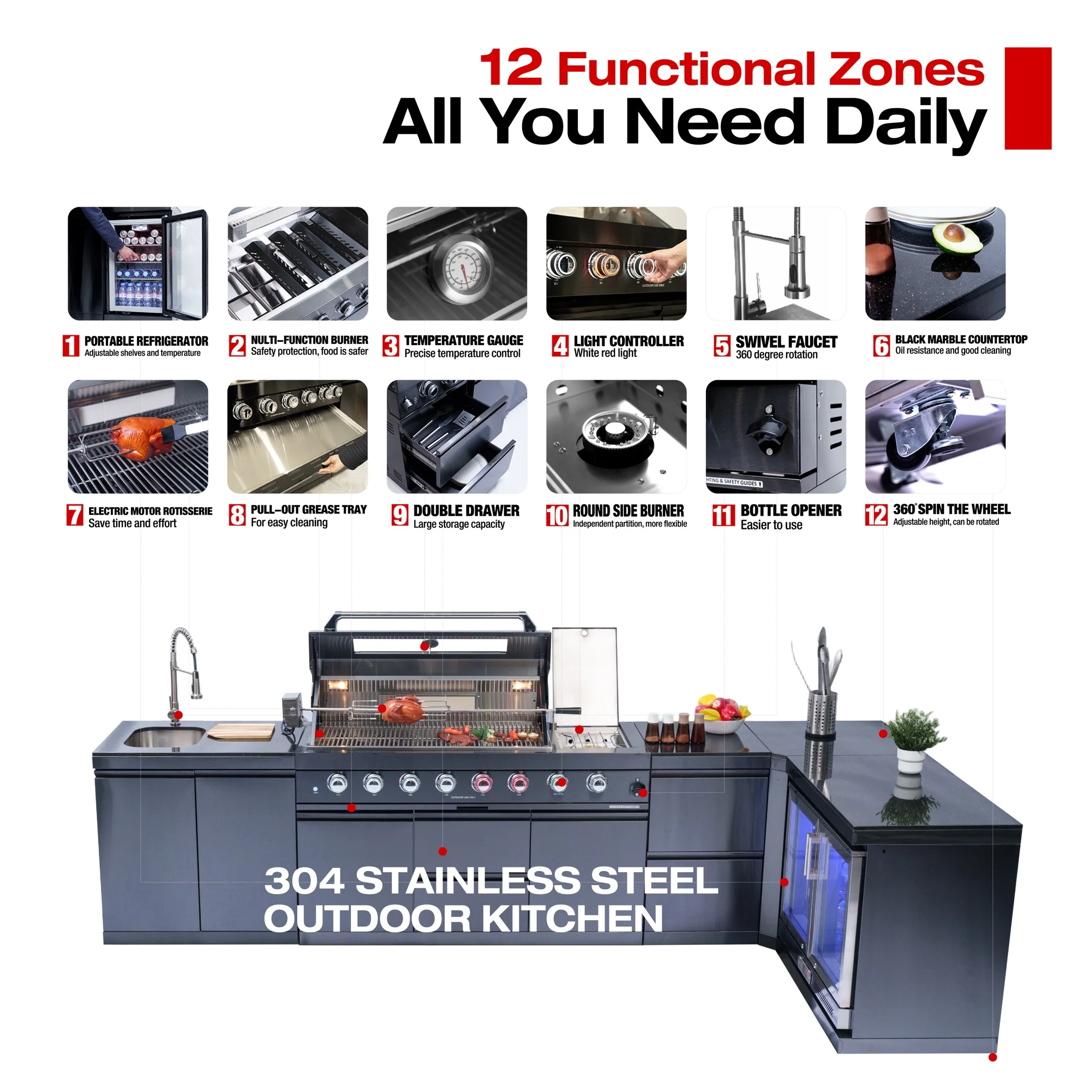 Luxury Complete Garden Stainless Steel BBQ L Shape Outdoor Kitchen Set Island Module With Fridge Sinks
