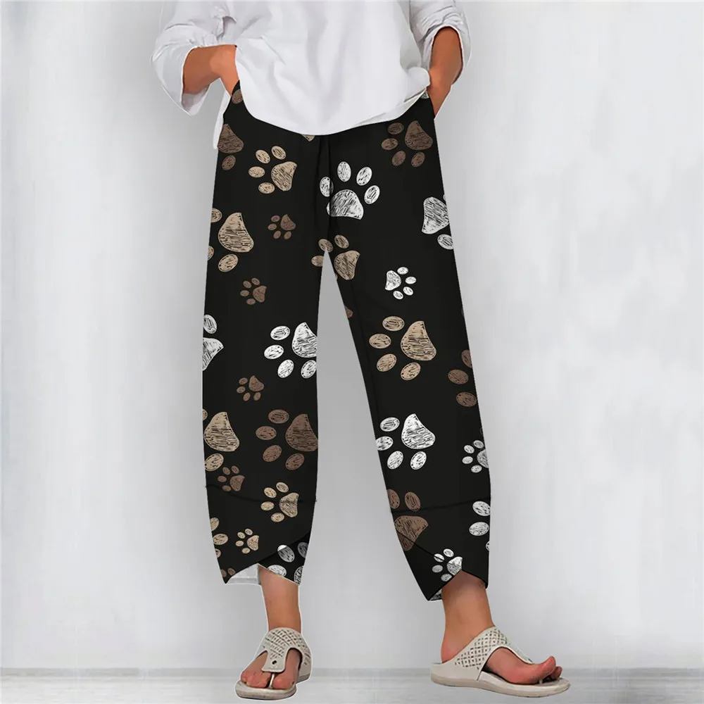 CLOOCL Women Y2k Pants Graffiti Paw Print Pants Wide Leg Pants Elastic Waist Summer Loose Casual Harajuku Baggy Trousers