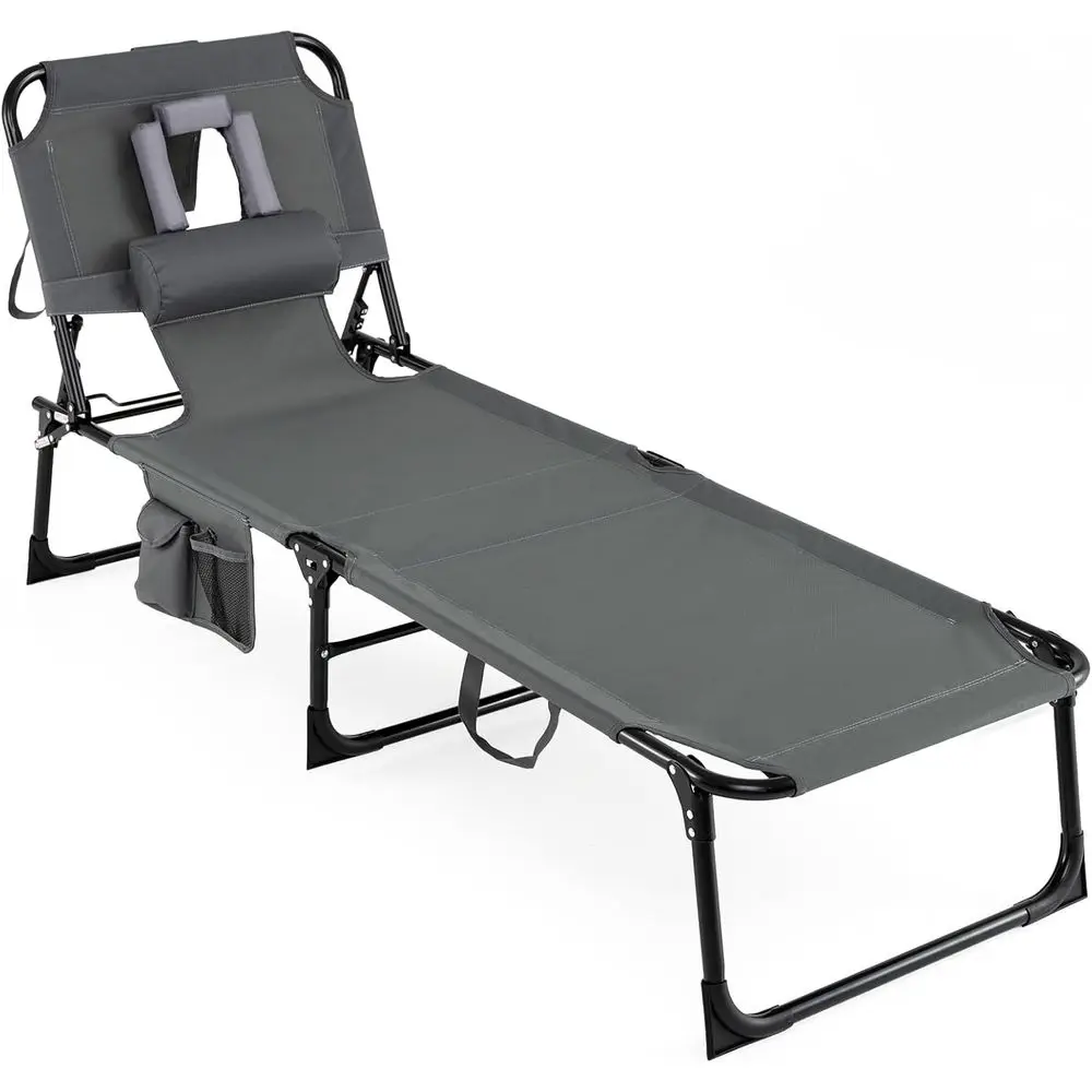 

Adjustable 4-Position Backrest Beach Lounge Chair with Pillow and Side Pocket, Outdoor or Camping, Grey