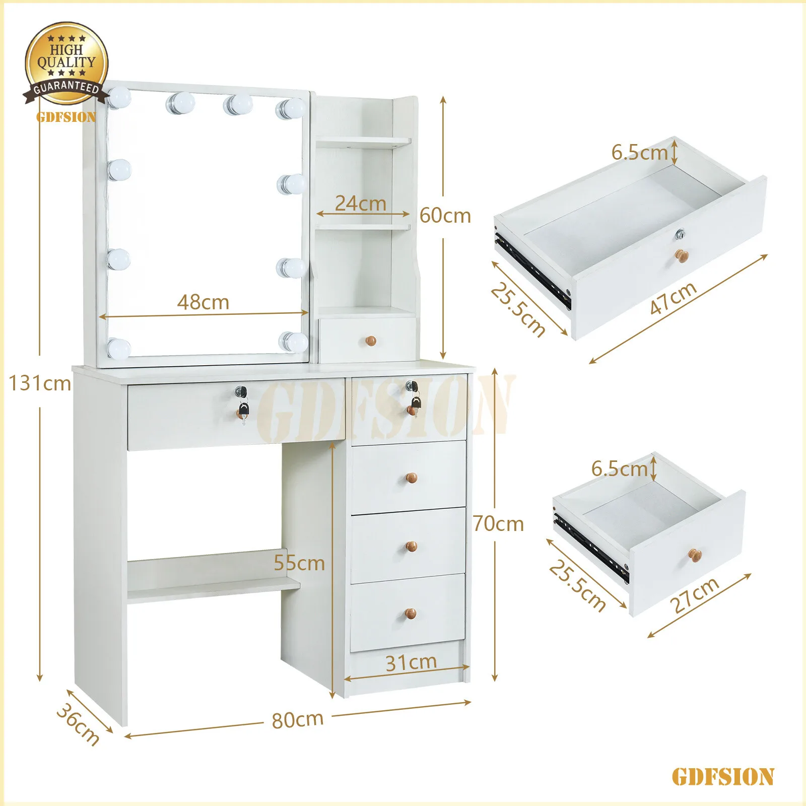 طاولة تزيين بيضاء مع مرآة منزلقة ومقعد مكون من 6 أدراج للمكياج