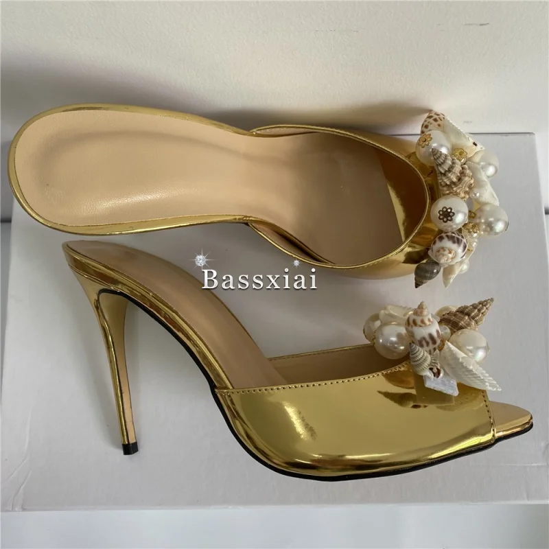 كريستال سلسلة الخرز زهرة الصنادل النساء 10 سنتيمتر خنجر كعب فاخر براءات الاختراع والجلود أحذية خفيفة البغال الصيف #6