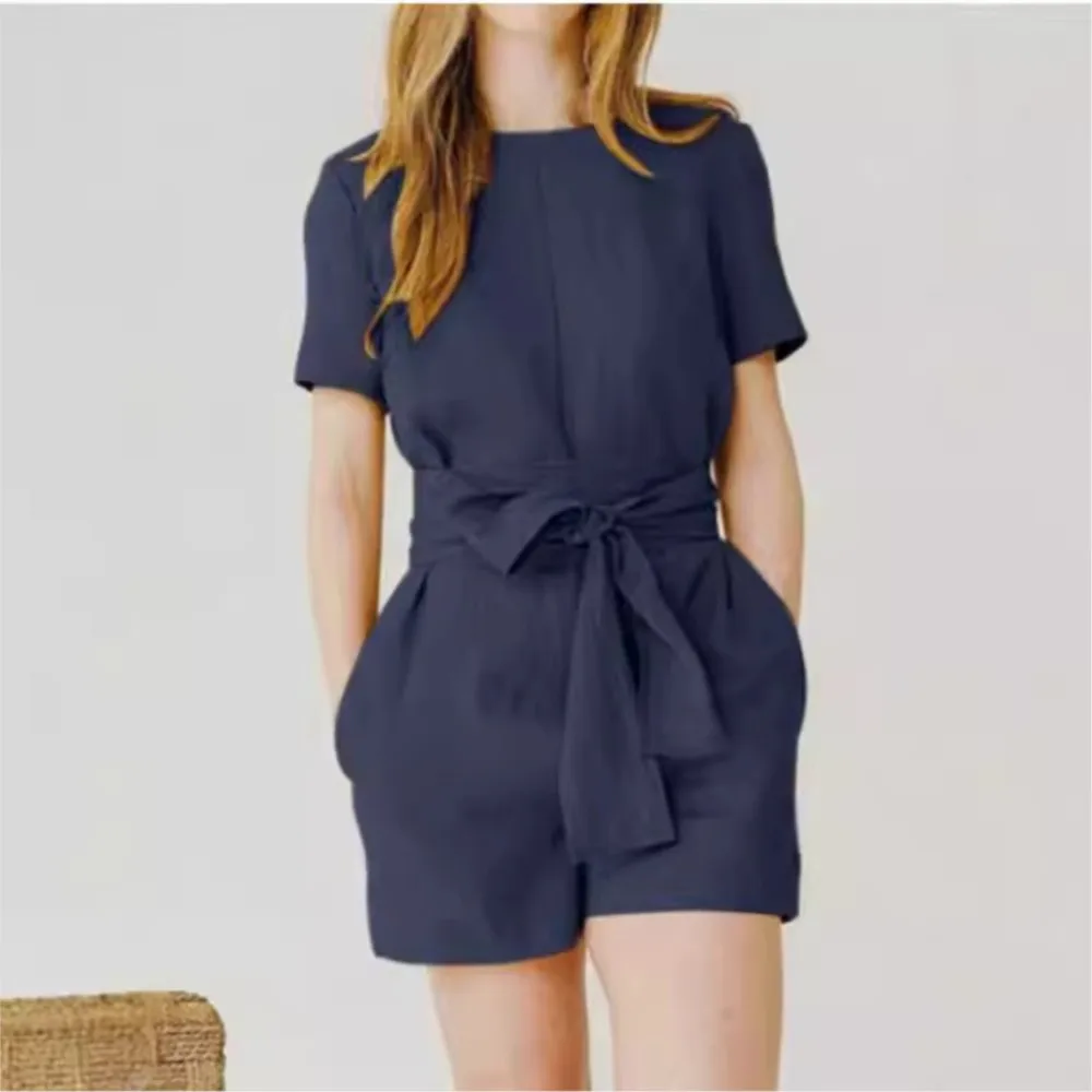 Neue kurzarm Leinen Baumwolle frauen Spitze-up Overalls Shorts Sommer Weibliche Casual Mode Tasche Einfache Strampler Hose 2025