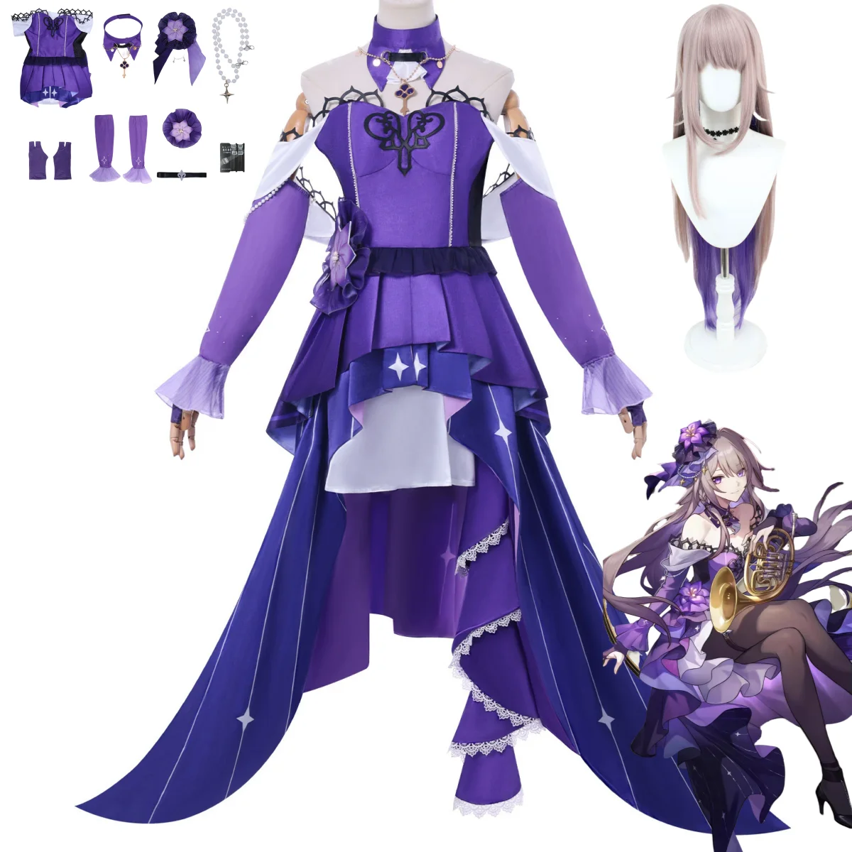 

Game Honkai：Star Rail The Herta Cosplay Costume Concert Purple Evening Dress Princess Dress Wig Woman Sexy Carnival Suit