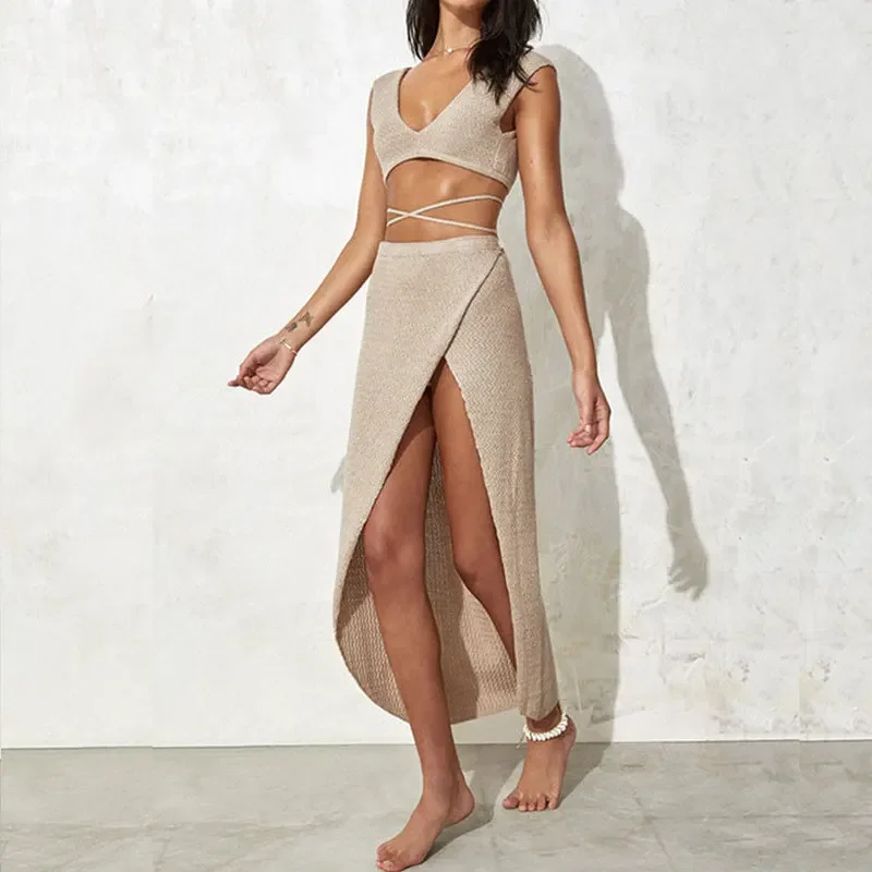 Summer Solid Color Hollowed-out Bikini Lace-up Intersect Vest Smock, Slit Half Body Skirt Two-piece, Beach Sun Protection Women