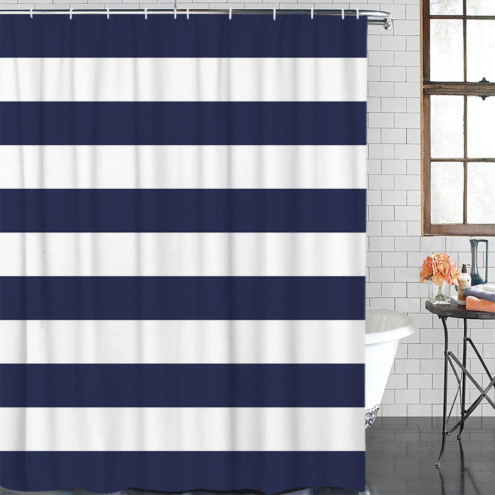 Navy Blue White Stripes Waterproof Bathroom Decoration Shower Curtain With Hook Printed Bathtub Curtains Bathroom Accessories