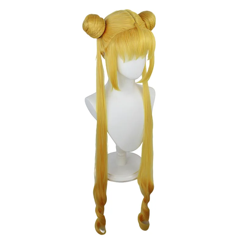 New Sailor Moon Tsukino Usagi długie kręcone blond peruka syntetyczna Cosplay z podwójnym kucykiem dla dziewczynki impreza przebierana peruka +