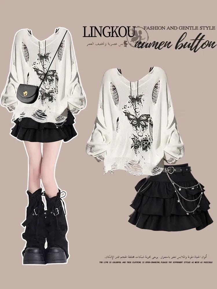 

Unique Beautiful Hollow out Knitted Top High Waist Slimming f Body Skirt ort Skirt Two Piece Set for Women