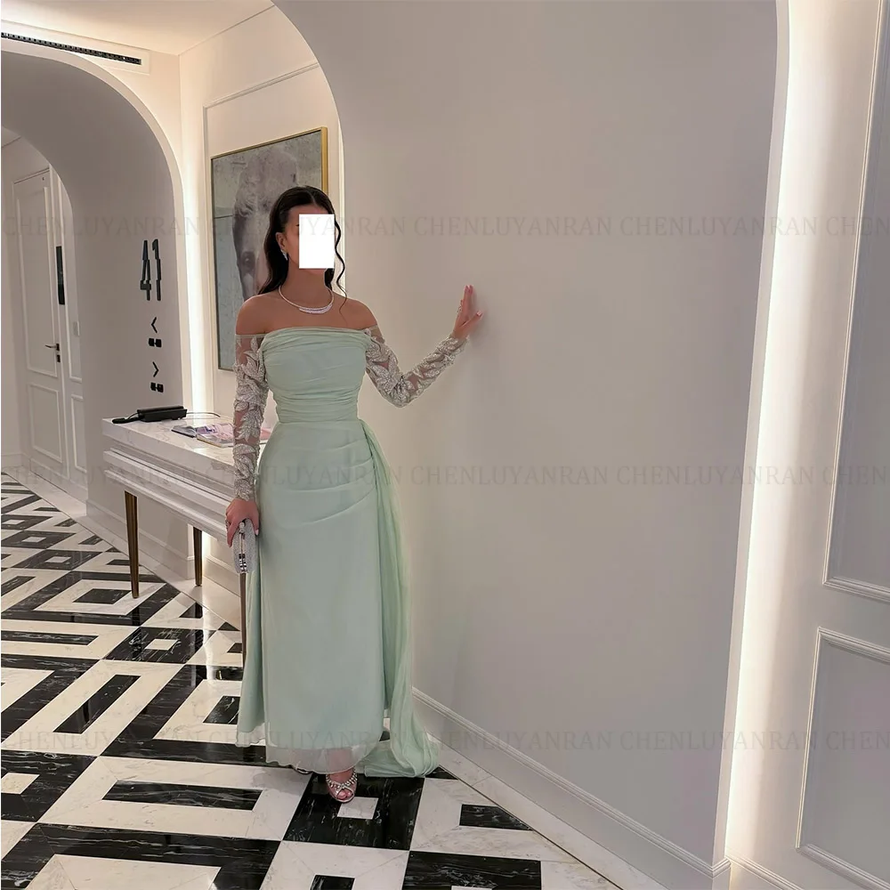 MOLISA Customized Strapless Long Sleeve Column Party Dresses Chiffon Elegant Prom Dresses Lace Applique Ankle-Length فساتي