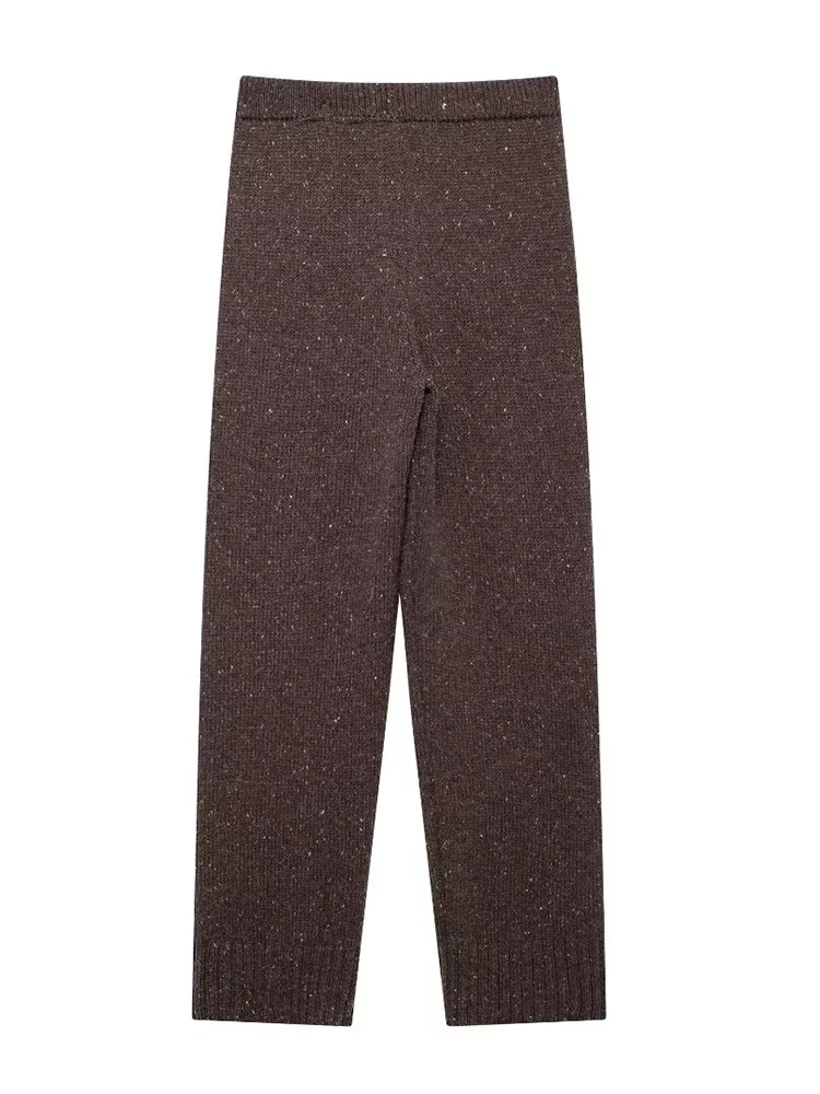 

Willshela Women Fashion Brown Knitted Straight Pants Vintage Mid Elastic Waist Full Length Female Chic Lady Trousers