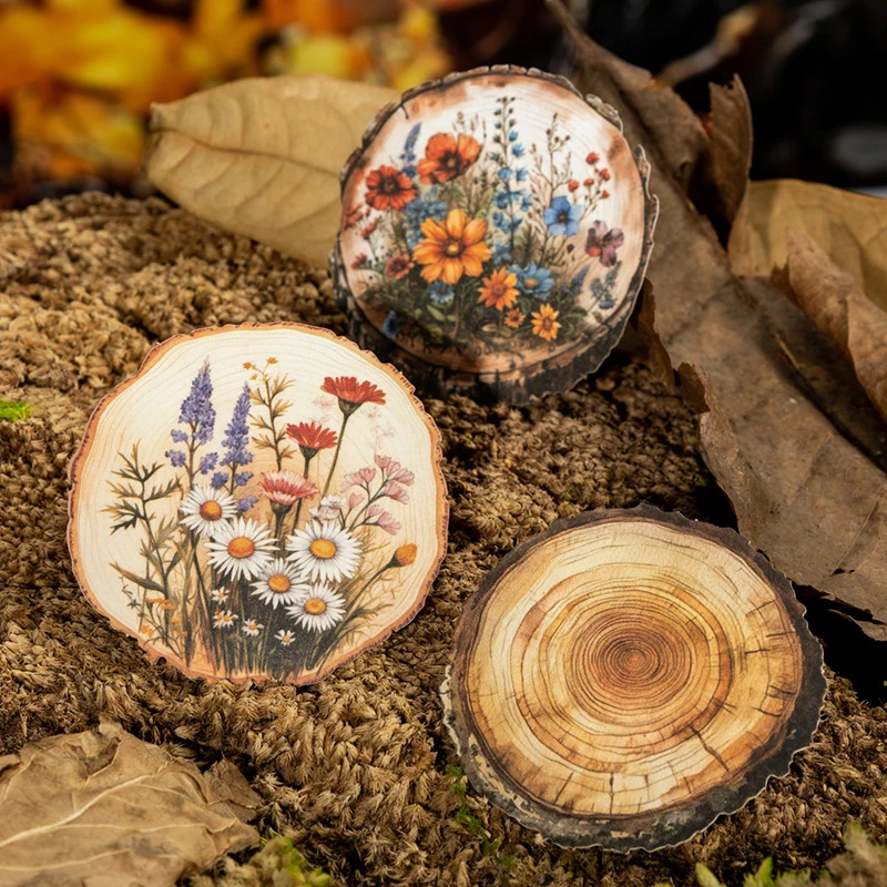 Naklejki z motywem drewna, serii czasowej, kwiatów vintage, kmena drzewa, rocznikowe, okrągłe, krajobrazowe, kreatywne DIY, materiał do dziennika, kolaż, artykuły papiernicze.