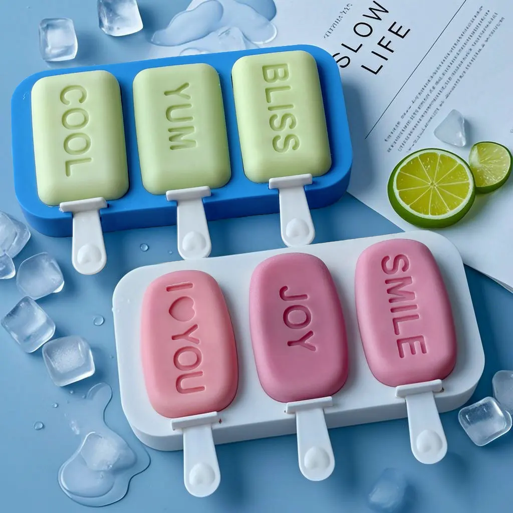 Homemade Popsicle 3-Cavity Ice Cream Mold Food Grade Silicone Letters JOY SMILE COOL YUM DIY Ice Lattice Ice Pop Molds
