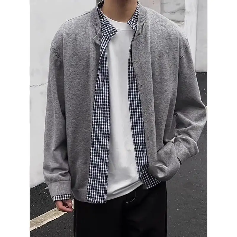 

Мужской вязаный кардиган-пальто на осень, в стиле casual, с клетчатыми вставками, на молнии, с эффектом премиум-класса, для делового стиля