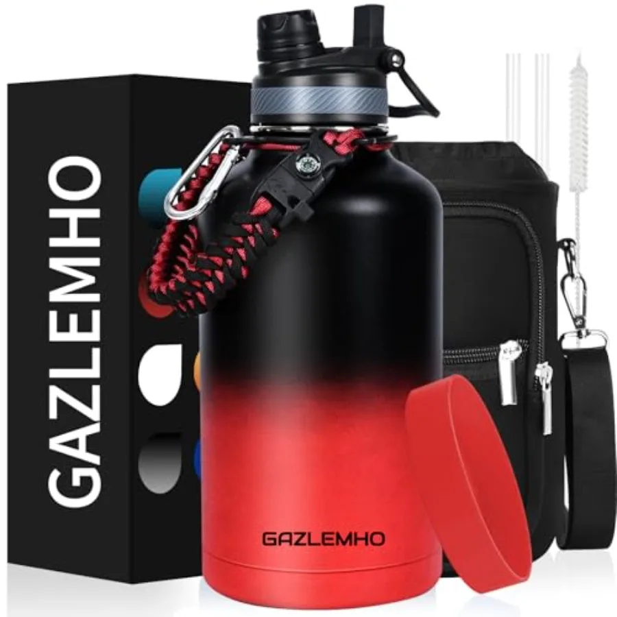 

Термос-бутылка для воды на полгаллона, сохраняющая холод до 48 часов, без бисфенола А, из нержавеющей стали, с крышкой 2-в-1 (для питья и соломинки), сумкой и паракордом