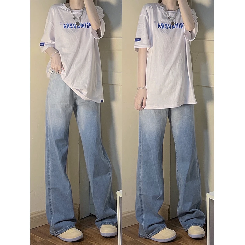 Gradient Design Denim Women's High Waisted Mop Light Blue Student Spring  Autumn Adjustable Elastic Wide Leg Pants Women Jeans
