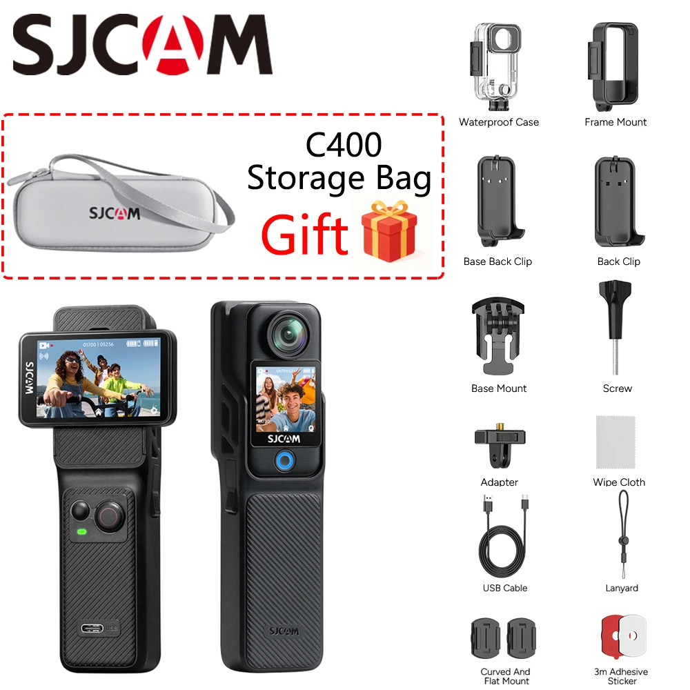 Caméra d'action portable 3-en-1 SJCAM C400/Pocket avec batterie longue durée 7H, kit créateur Vlogger, caméra économique 4K avec double écran