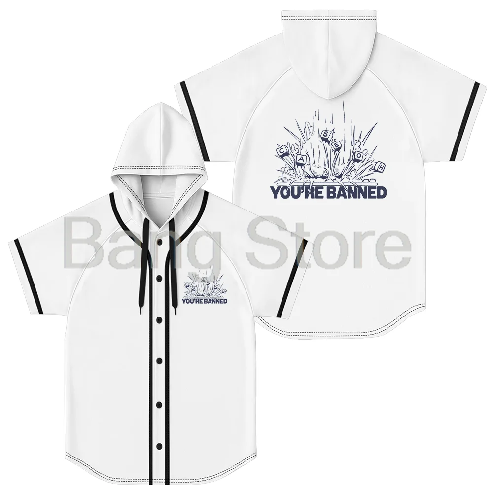 

Caseoh Merch You're Banned Baseball Jersey Unisex Hooded Short Sleeve Shirt Casual Trendy Clothes