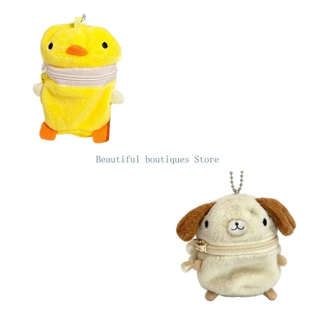 U4LF Small Zippered Coin Pouch Keychain with Plush Animal Exterior, Ball-Chain Hanger for Everyday Bags, Keys, and Backpacks
