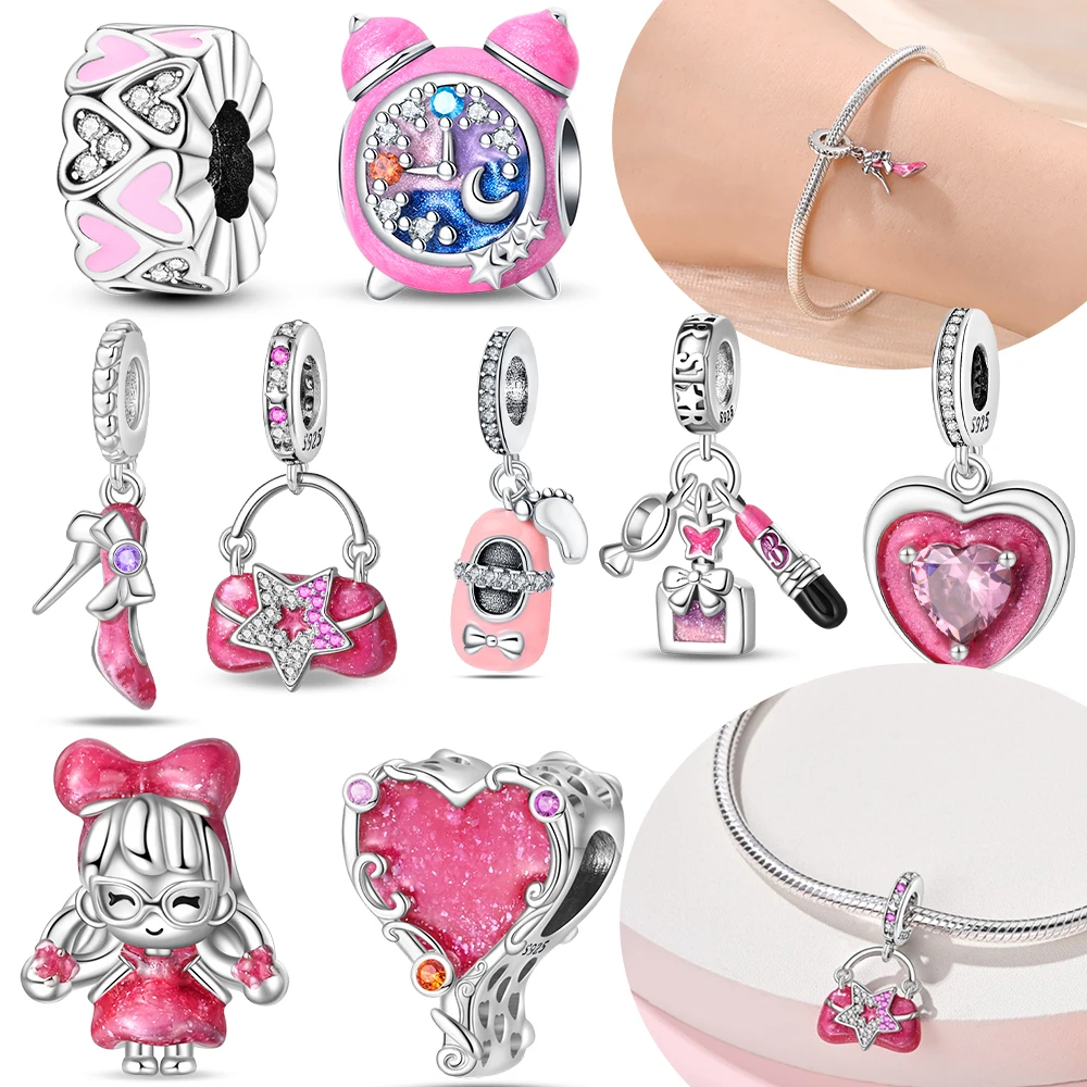 

Оригинальные розовые туфли на высоком каблуке с цирконием в форме сердца, подвески с бусинами для девочек, подходят для серебряного браслета 925, женский нежный подарок, ювелирные аксессуары