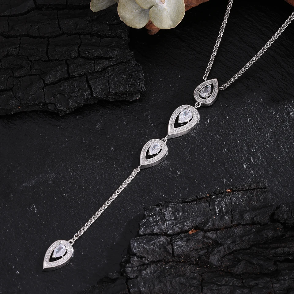 ZAKOL Elegant Tears Pear Cubic Zirconia Y-shaped Necklace for Women Sexy Fashion Body Chain Wedding Party Jewelry