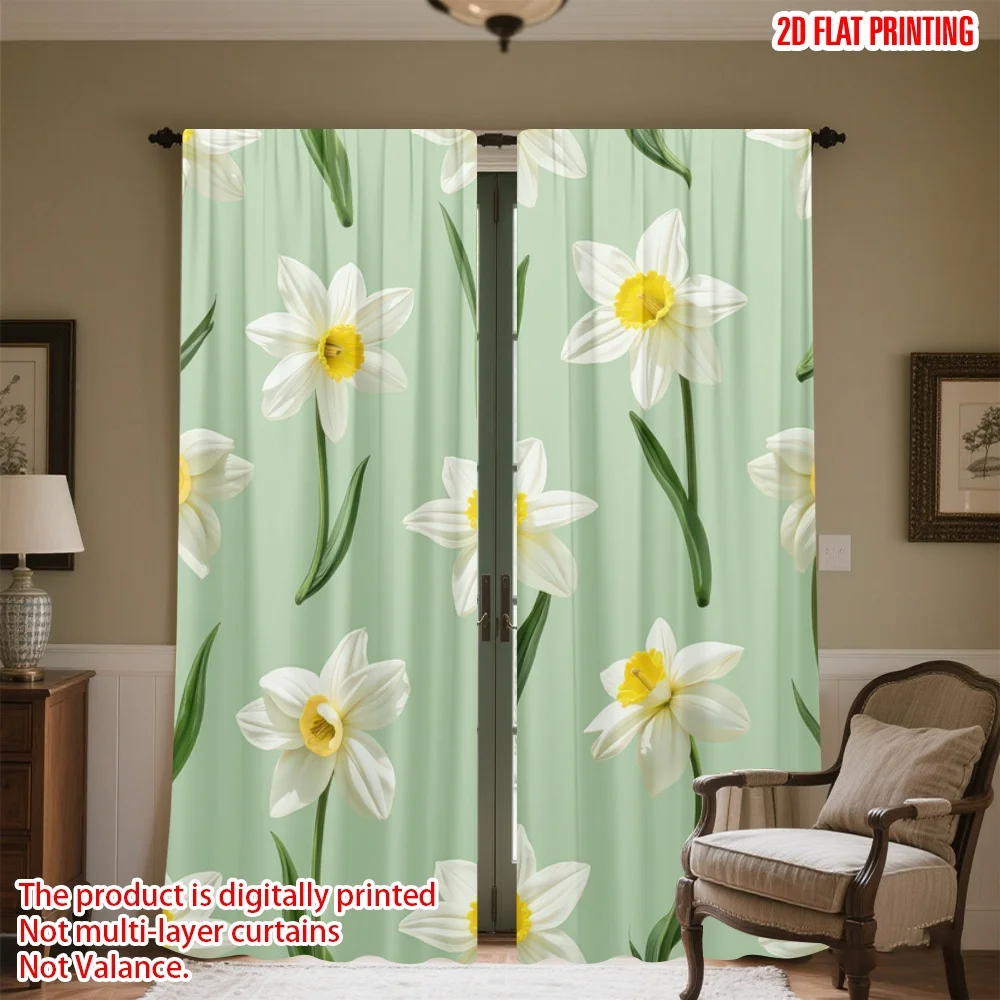 

2D flat printing 2pcs Scene Curtain Spring Daffodils on Green Digital Printed Polyester Drapes Party Decorations Use for Holiday