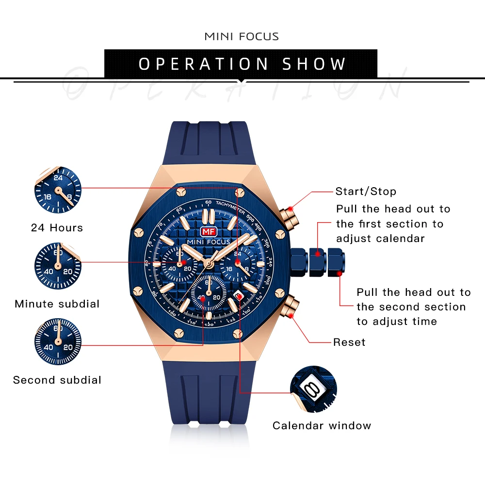 MINI FOCUS Multifunctional Casual Quartz Watch Mens Watches Waterproof Chronograph Wrist Watch with Date Luminous Hands 0417G