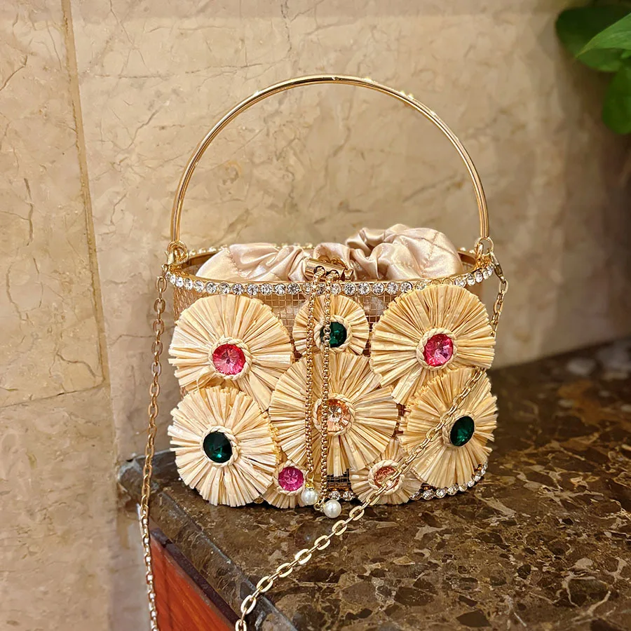

Women's Retro Flower Metallic Birdcage Hollow Shoulder Bag Shiny Rhinestone Bead Chain Vegetable Basket Bucket Handbag Female
