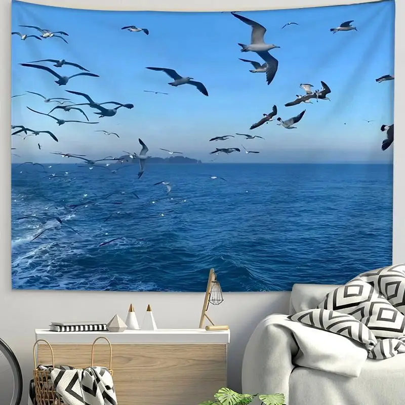 VIKAMA Blue Sea Seagull Sea View Tapestry, HD Wear-Resistant Fabric Wall Hanging for Living Room Home Decor