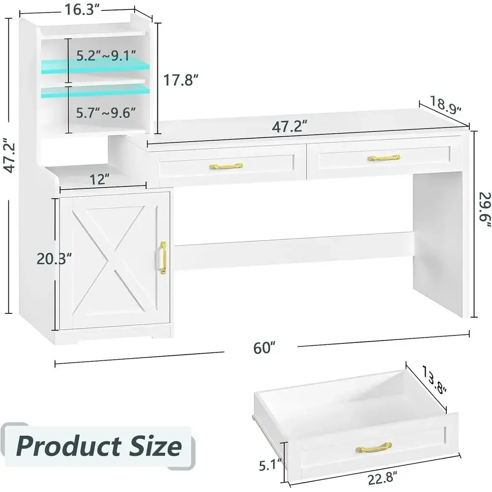 60 White Home Office Desk with Storage, Bookshelf, and Spacious Work Surface