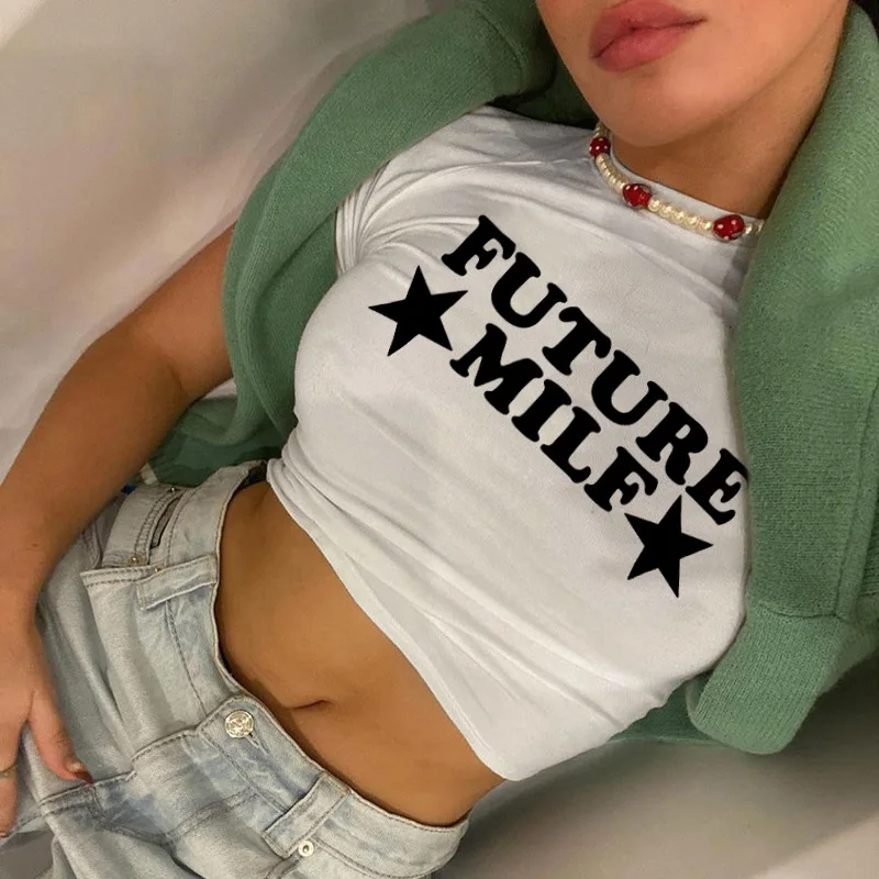 Camisetas veraniegas para mujer, Tops cortos con estampado de letras de estrellas futuristas, Y2k, camiseta Sexy para bebé, ropa de calle para fiesta de ombligo de los años 2000