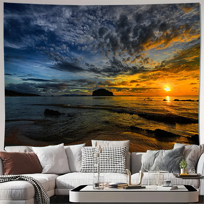 Golden Sunset Over Ocean Beach Wall Tapestry Machine Washable All Season Decor Print Home  Easy to clean Durable materials