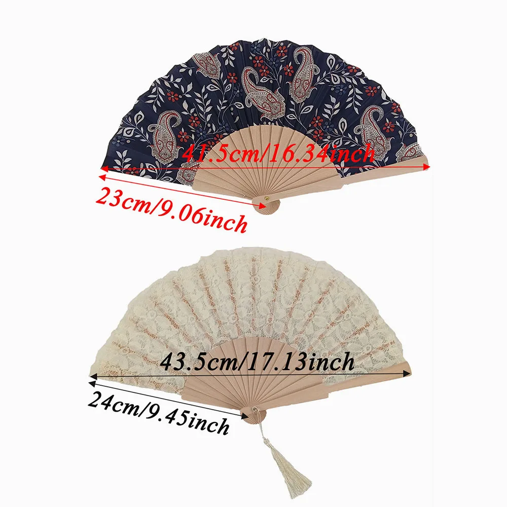 Vintage Foldable Wooden Hand Fan Set 2PCS - Paisley Print & Beige Lace Fan with Tassel for Bridal Shower Party Gift