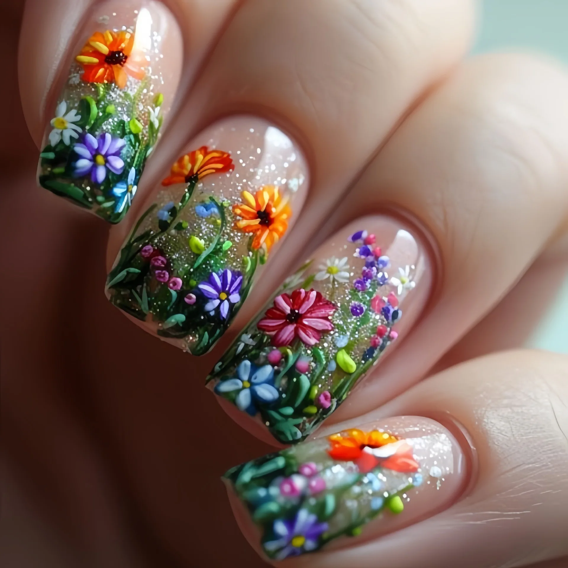 24pcs Mini Flower Press on Nails with Glue Painting Floral Acrylic Fake Nails Spring Design Short Square False Nails for Girls