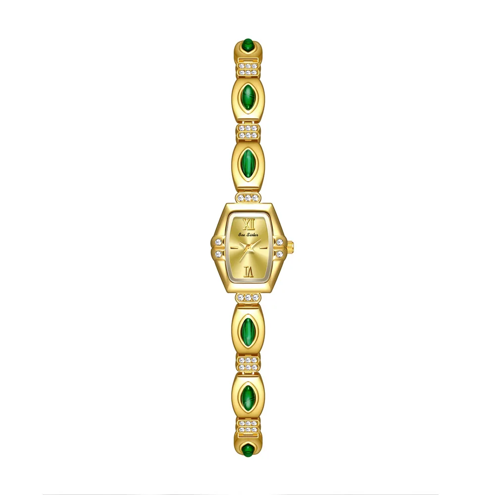 Luxury Stone Watch Green Malachite Diamond Bracelet Quartz Wristwatches Vintage Fashion Jade Elegant Women Gold Watches