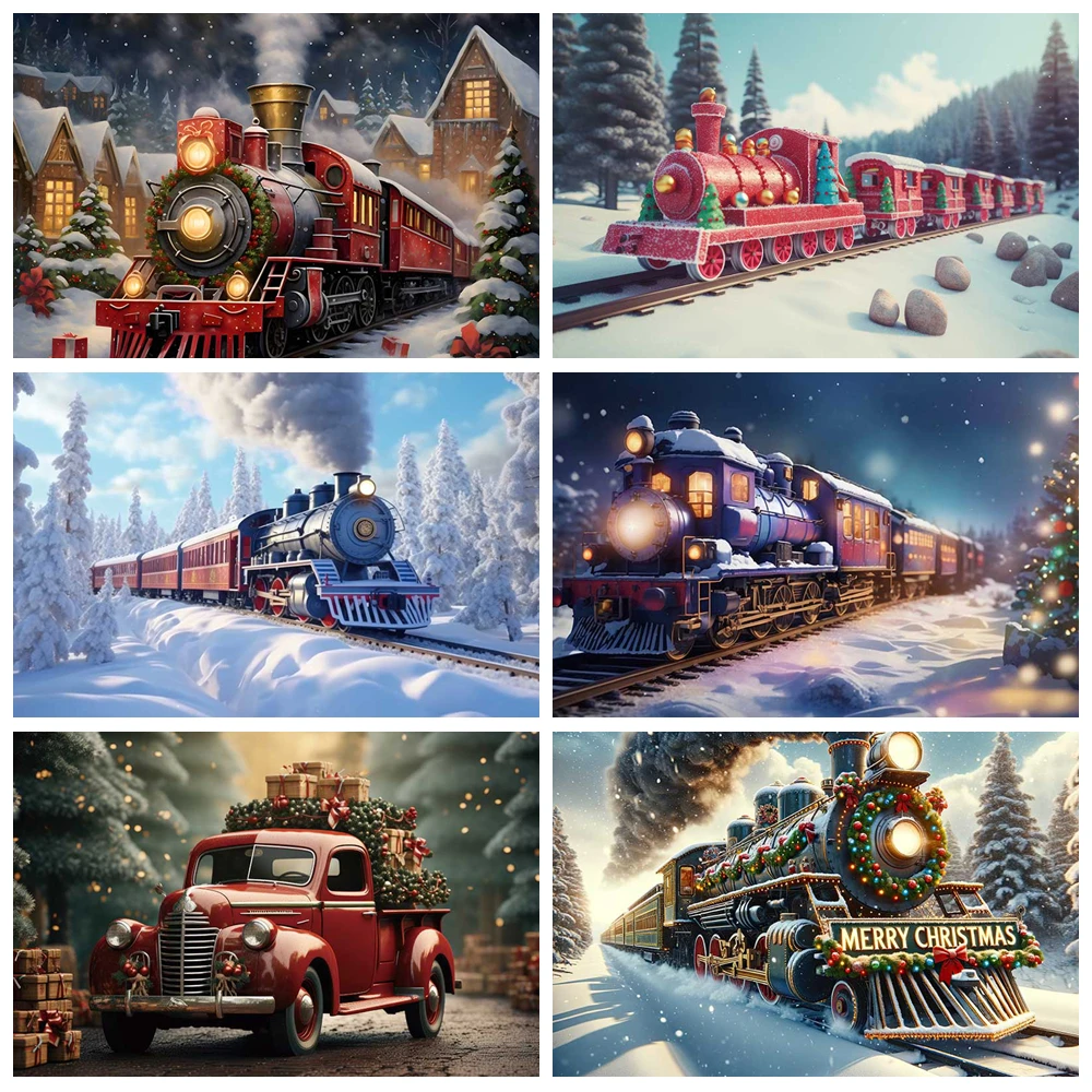 

MOON.QG Red Train Snow Forest Photography Backdrops Merry Christmas Backgrounds Photo Booth Birthday Decoration Wall Party