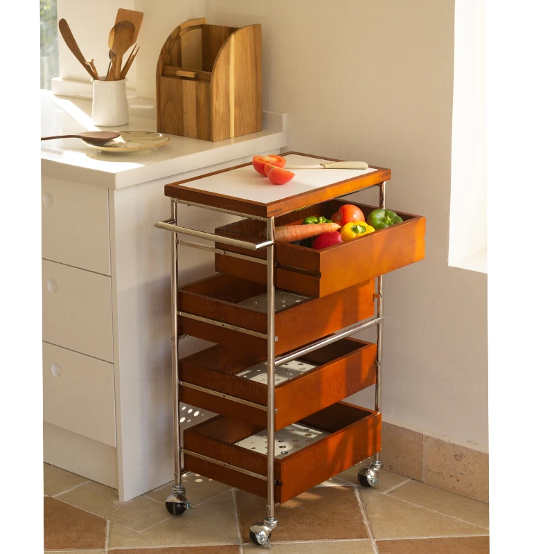 

Solid wood kitchen cart movable rock slab island multi-functional storage rack