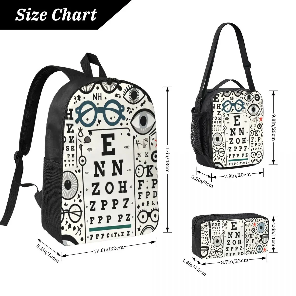 Themed Around Optometry Backpack Student BookBag School Bag Computer Shoulder Bags 3ps Insulated Lunch Bag Pencil Case