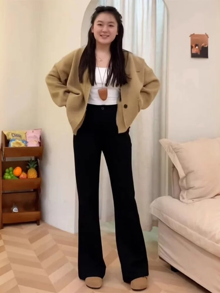 กางเกงยีนส์ทรงบานขาตรงเอวสูงสำหรับผู้หญิง ผ้าเดนิมยืดหยุ่น สวมใส่สบาย