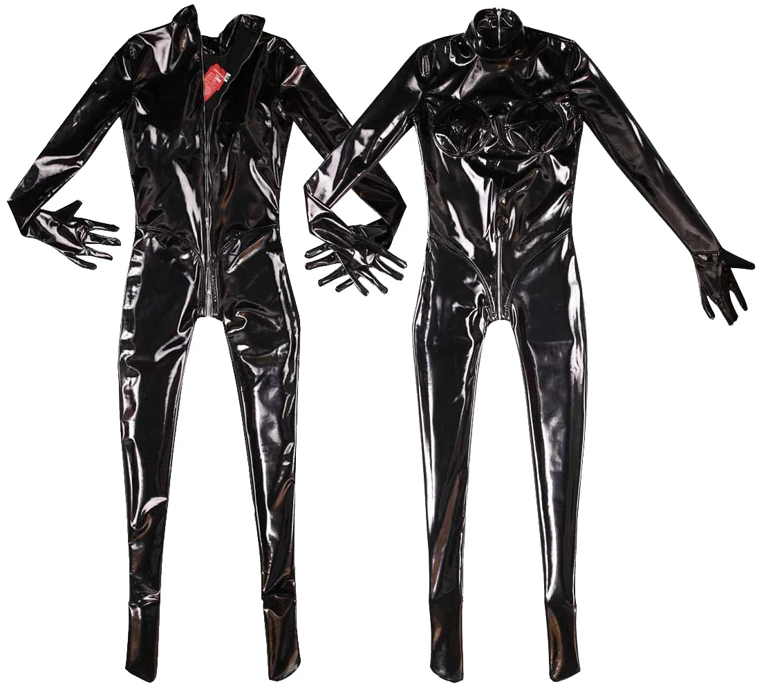 Body moldeador de cuerpo negro con espejo para mujer, mono todo incluido, mono elástico ajustado de piel sintética de PVC con cremallera, monos con entrepierna abierta
